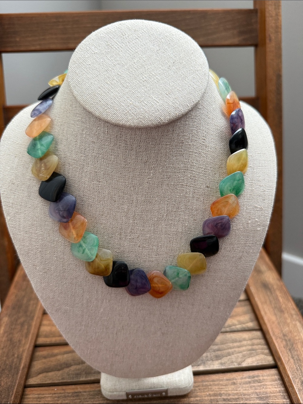 Vintage Multicolor Stone Chip Bead Necklace Chunky Boho